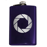 -Whether you're a photographer or are compelled to endless testing in the name of science, this camera aperture symbol flask is sure to please. Engraved 8oz Stainless Steel Pocket / Hip Flask, screw cap lid. Holds eight shots. Customizable by request. Optional flask or gift box with shot glasses.-Purple-Just the Flask-725185479396