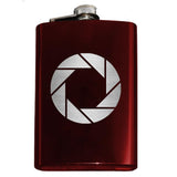 -Whether you're a photographer or are compelled to endless testing in the name of science, this camera aperture symbol flask is sure to please. Engraved 8oz Stainless Steel Pocket / Hip Flask, screw cap lid. Holds eight shots. Customizable by request. Optional flask or gift box with shot glasses.-Red-Just the Flask-725185479396