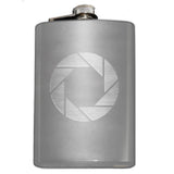 -Whether you're a photographer or are compelled to endless testing in the name of science, this camera aperture symbol flask is sure to please. Engraved 8oz Stainless Steel Pocket / Hip Flask, screw cap lid. Holds eight shots. Customizable by request. Optional flask or gift box with shot glasses.-Stainless Steel-Just the Flask-725185479396