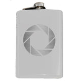 -Whether you're a photographer or are compelled to endless testing in the name of science, this camera aperture symbol flask is sure to please. Engraved 8oz Stainless Steel Pocket / Hip Flask, screw cap lid. Holds eight shots. Customizable by request. Optional flask or gift box with shot glasses.-