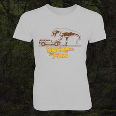 -Soft 100% ringspun cotton fitted women's / juniors graphic tee. Designed and professionally silkscreen printed in the USA. Typically ships in 2-3 business days. Jurassic BTTF mash-up parody shirt.-