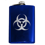 -Engraved 8oz Top Shelf Stainless Steel Pocket / Hip Flask with easy closure screw cap lid. Measures 5.5" tall and 3.75" wide and holds eight shots.Choice of just the flask, flask &amp; stainless steel funnel or with gift box containing stainless steel funnel and shot glasses. This item is fully customizable. For basic customizati-Blue-Just the Flask-725185479396