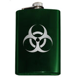 -Engraved 8oz Top Shelf Stainless Steel Pocket / Hip Flask with easy closure screw cap lid. Measures 5.5" tall and 3.75" wide and holds eight shots.Choice of just the flask, flask &amp; stainless steel funnel or with gift box containing stainless steel funnel and shot glasses. This item is fully customizable. For basic customizati-Green-Just the Flask-725185479396