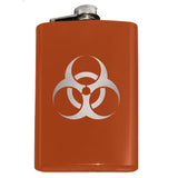 -Engraved 8oz Top Shelf Stainless Steel Pocket / Hip Flask with easy closure screw cap lid. Measures 5.5" tall and 3.75" wide and holds eight shots.Choice of just the flask, flask &amp; stainless steel funnel or with gift box containing stainless steel funnel and shot glasses. This item is fully customizable. For basic customizati-Orange-Just the Flask-725185479396