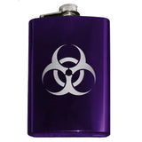 -Engraved 8oz Top Shelf Stainless Steel Pocket / Hip Flask with easy closure screw cap lid. Measures 5.5" tall and 3.75" wide and holds eight shots.Choice of just the flask, flask &amp; stainless steel funnel or with gift box containing stainless steel funnel and shot glasses. This item is fully customizable. For basic customizati-Purple-Just the Flask-725185479396