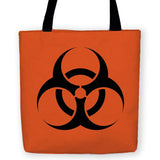 -High quality, woven polyester carryall tote bag with design on both sides. Durable and machine washable. Orange and black with large Biohazard caution symbol. Great gothic, punk or gamer accessory. This item is made-to-order and typically ships in 3-5 business days.-