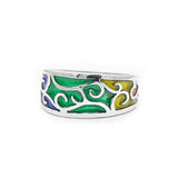 Rainbow PRIDE Scrollwork Ring - Small, Sterling Silver LGBTQIA Jewelry-LGBTQIA Pride ring handcrafted in Sterling Silver with a scrollwork embellished band, finished with bold and glossy rainbow enamel. Made in the USA. Stamped .925 Sterling Silver with jeweler's mark and copyright. US ring sizes 4.5 to 9, in whole and half sizes. Great custom LGBTQIA LGBTQX LGBT GLBT fine jewelry gift.-5 US-Sterling Silver-