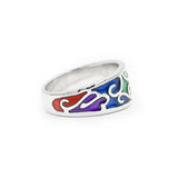 Rainbow PRIDE Scrollwork Ring - Small, Sterling Silver LGBTQIA Jewelry-LGBTQIA Pride ring handcrafted in Sterling Silver with a scrollwork embellished band, finished with bold and glossy rainbow enamel. Made in the USA. Stamped .925 Sterling Silver with jeweler's mark and copyright. US ring sizes 4.5 to 9, in whole and half sizes. Great custom LGBTQIA LGBTQX LGBT GLBT fine jewelry gift.-