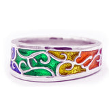Rainbow PRIDE Scrollwork Ring - Small, Sterling Silver LGBTQIA Jewelry-LGBTQIA Pride ring handcrafted in Sterling Silver with a scrollwork embellished band, finished with bold and glossy rainbow enamel. Made in the USA. Stamped .925 Sterling Silver with jeweler's mark and copyright. US ring sizes 4.5 to 9, in whole and half sizes. Great custom LGBTQIA LGBTQX LGBT GLBT fine jewelry gift.-8.5 US-Sterling Silver-
