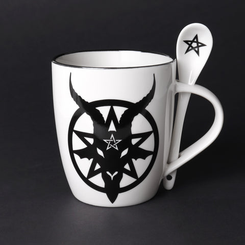 Baphomet Mug and Spoon Set, Alchemy Gothic Tea/Coffee Cup Gift Set-Cause a stir with these incredible mug and spoon gift sets! Perfect for that tea or coffee loving friend! Or maybe a little treat just for you, it will truly serve you a fiendishly good brew! Holds 13oz, Dishwasher Safe.Genuine Alchemy Gothic product. Brand new in box. Ships from the USA. Cats witchcraft gift set gifts-