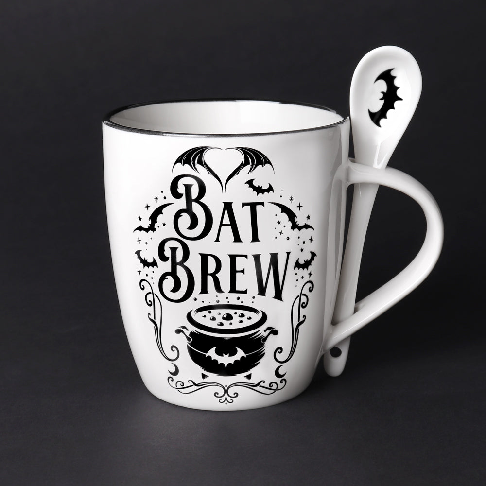 Bat Brew Mug and Spoon Set, Alchemy Gothic Tea / Coffee Cup Gift Set-Cause a stir with these incredible mug and spoon gift sets! Perfect for a tea or coffee loving friend! Or maybe a little treat just for you. Serve up a fiendishly good brew! 13oz, Dishwasher Safe.Genuine Alchemy Gothic product. Brand new in box. Ships from USA. Bats Goth Magic Witchcraft Boxed Mug GIft-