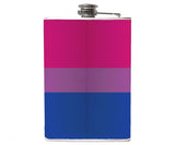 -Bisexual Pride Flask. Brand New 8oz stainless steel flask with easy closure screw cap lid with striped pink blue and purple LGBTQ bi sexual pride flag artwork on waterproof vinyl. Holds eight shots. Optional funnel or gift bo with funnel and shot glasses.-