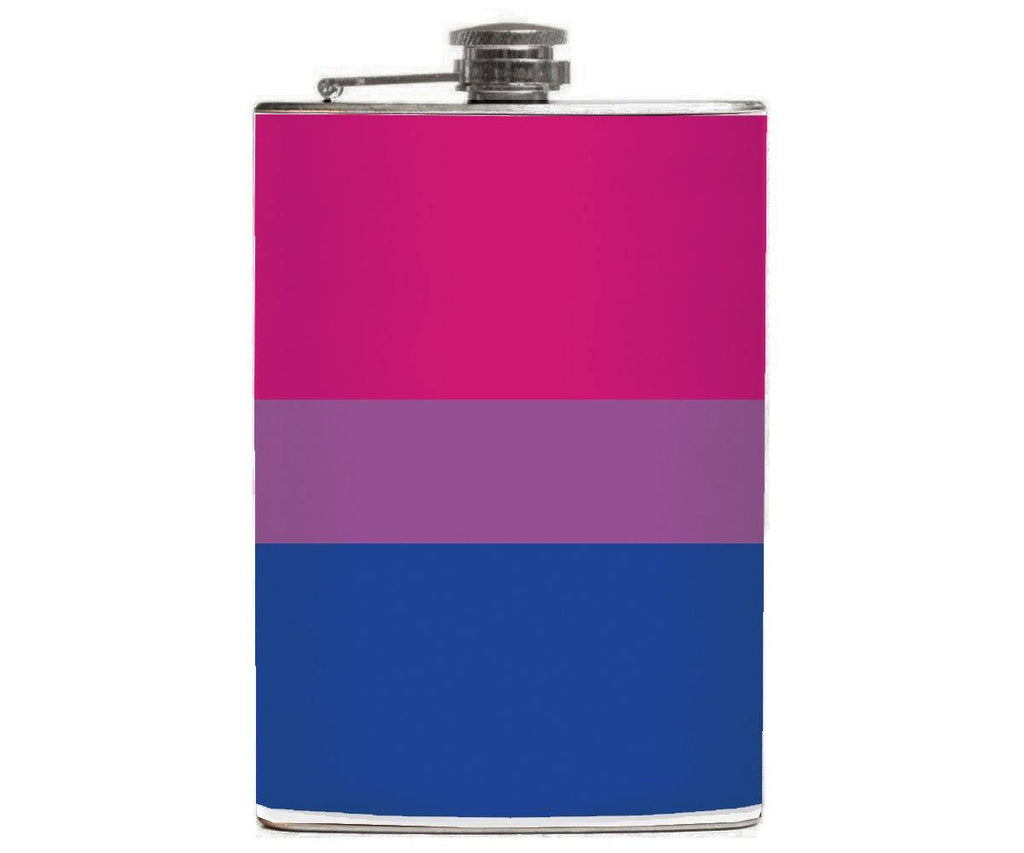 -Bisexual Pride Flask. Brand New 8oz stainless steel flask with easy closure screw cap lid with striped pink blue and purple LGBTQ bi sexual pride flag artwork on waterproof vinyl. Holds eight shots. Optional funnel or gift bo with funnel and shot glasses.-Just the Flask-725185480699