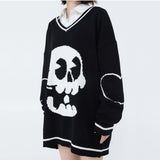 -Black Air unisex knit pullover sweater with large kawaii skull on the front and large heart outlines on the elbows. High quality knitted cotton polyester blend. See size chart. Free shipping from abroad. 
Harajuku Japanese streetwear jumper goth gothic punk cute cartoon skull kowai oversized sweater dress mens womens-