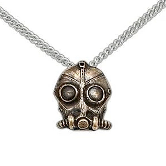 Bronze Blight Gas Mask Pendant Necklace - Clockwork Century, Steampunk-In Cherie Priest's The Clockwork Century series, Leviticus Blue creates the "Incredible Bone-Shaking Drill Engine" or Boneshaker inadvertently strikes a subterranean vein of "blight gas" that turns anyone who breathes it into the living dead. Steampunk gas mask pendant in dark or antiqued bronze. Made in the USA. -Antiqued Bronze-24in Stainless Steel Curb Chain-