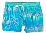 Men's Iridescent Metallic Rave Shorts - Light Blue-Fantastic flashy men's metallic rave shorts with an iridescent finish that changes colors as you move. Drawstring elastic waist, 2 side pockets. Fitted, short and sexy. These shorts usually ship in 2-3 business days from within the USA.

Shimmer shimmering glitter sparkle rainbow gay clubwear San Francisco Knobs festival club booty trunks-L-