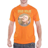 David Bowie Hunky Dory Portrait Tee, Officially Licensed Fashion Shirt-Orange mens / unisex soft style tee. Large retro graphic print celebrating 1971's Hunky Dory, Bowie's 4th studio album often included on 'top albums of all time' lists. Officially licensed David Bowie apparel. Classic glam rock band fashion record cover portrait shirt.-