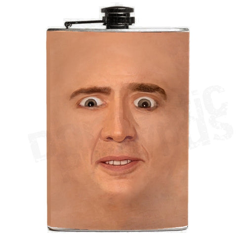 -Creepy Cage Face Flask - Brand New 8oz stainless steel flask with easy closure screw cap lid with meme artwork on waterproof vinyl that fully wraps around the flask. Measures 5.5" tall and 3.75" wide and holds eight shots. Choice of just the flask, flask &amp; stainless steel funnel or with gift box containing stainless steel funnel shot glasses, -