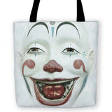 Vintage Style Clown Face Tote Bag, Reusable Cloth Shopping Carryall-Brand New Tote Bag in your choice of 13, 16 or 18 inches. High quality, woven polyester tote with design on both sides. Durable and machine washable. This item is made-to-order and typically ships in 3-5 Business Days. Creepy weird disturbing buscemi eyes meme face reusable cloth fabric bag-