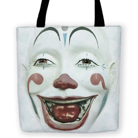 Vintage Style Clown Face Tote Bag, Reusable Cloth Shopping Carryall-Brand New Tote Bag in your choice of 13, 16 or 18 inches. High quality, woven polyester tote with design on both sides. Durable and machine washable. This item is made-to-order and typically ships in 3-5 Business Days. Creepy weird disturbing buscemi eyes meme face reusable cloth fabric bag-18 inches-