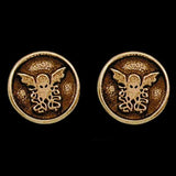 -Inspired by the Cthulhu mythos of H.P. Lovecraft, these stud style earrings are individually handcrafted in sterling silver and feature a bas relief image of Cthulhu, Elder God that first appeared in HP Lovecraft's short story, Call of Cthulhu. 
Made in and shipped from the USA. 

sterling silver 14k gold white gold-14k Gold-Antiqued Finish (as shown)-