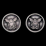 -Inspired by the Cthulhu mythos of H.P. Lovecraft, these stud style earrings are individually handcrafted in sterling silver and feature a bas relief image of Cthulhu, Elder God that first appeared in HP Lovecraft's short story, Call of Cthulhu. 
Made in and shipped from the USA. 

sterling silver 14k gold white gold-Sterling Silver-Antiqued Finish (as shown)-