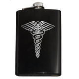 Custom Engraved Caduceus Flask-Custom Engraved 8oz Top Shelf Stainless Steel Hip / Pocket Flask with medical caduceus symbol. Easy closure screw cap lid. Holds eight shots. Optional funnel or gift box with funnel and shot glasses.-Black-Just the Flask-616641499792