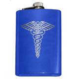 Custom Engraved Caduceus Flask-Custom Engraved 8oz Top Shelf Stainless Steel Hip / Pocket Flask with medical caduceus symbol. Easy closure screw cap lid. Holds eight shots. Optional funnel or gift box with funnel and shot glasses.-Blue-Just the Flask-616641499792