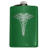 Custom Engraved Caduceus Flask-Custom Engraved 8oz Top Shelf Stainless Steel Hip / Pocket Flask with medical caduceus symbol. Easy closure screw cap lid. Holds eight shots. Optional funnel or gift box with funnel and shot glasses.-Green-Just the Flask-616641499792