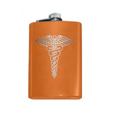 Custom Engraved Caduceus Flask-Custom Engraved 8oz Top Shelf Stainless Steel Hip / Pocket Flask with medical caduceus symbol. Easy closure screw cap lid. Holds eight shots. Optional funnel or gift box with funnel and shot glasses.-Orange-Just the Flask-616641499792