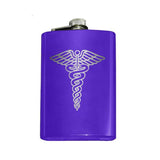 Custom Engraved Caduceus Flask-Custom Engraved 8oz Top Shelf Stainless Steel Hip / Pocket Flask with medical caduceus symbol. Easy closure screw cap lid. Holds eight shots. Optional funnel or gift box with funnel and shot glasses.-Purple-Just the Flask-616641499792