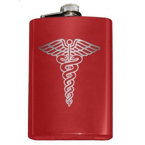 Custom Engraved Caduceus Flask-Custom Engraved 8oz Top Shelf Stainless Steel Hip / Pocket Flask with medical caduceus symbol. Easy closure screw cap lid. Holds eight shots. Optional funnel or gift box with funnel and shot glasses.-Red-Just the Flask-616641499792