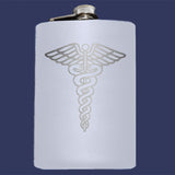Custom Engraved Caduceus Flask-Custom Engraved 8oz Top Shelf Stainless Steel Hip / Pocket Flask with medical caduceus symbol. Easy closure screw cap lid. Holds eight shots. Optional funnel or gift box with funnel and shot glasses.-White-Just the Flask-616641499792