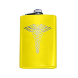 Custom Engraved Caduceus Flask-Custom Engraved 8oz Top Shelf Stainless Steel Hip / Pocket Flask with medical caduceus symbol. Easy closure screw cap lid. Holds eight shots. Optional funnel or gift box with funnel and shot glasses.-Yellow-Just the Flask-616641499792
