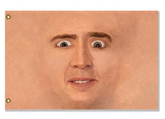 Creepy Cage Face Flag - Funny Weird Meme Festival Banner -High quality, professionally printed polyester flag in your choice of size and style, single or fully double-sided with blackout layer, grommets or pole pocket / sleeve. 2x1ft / 1x2ft, 3x2ft / 2x3ft, 5x3ft / 3x5ft, custom. Fully customizable. Funny Weird Creepy Cage Face Off Nic Meme Festival Banner Pole Flag-