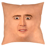 -Surreal Creepy Cage Face Throw Pillow - Double-sided, square pillow or pillowcase in either spun polyester or synthetic suede finish. Funny weirdest of the weird meme gift, ideal for unique or bizarre gift exchanges or housewarming. His disturbing gaze is sure to elicit WTF. Careful not laugh your faces off!-Spun Polyester-14 x 14 inches-Sewn (no zipper)-