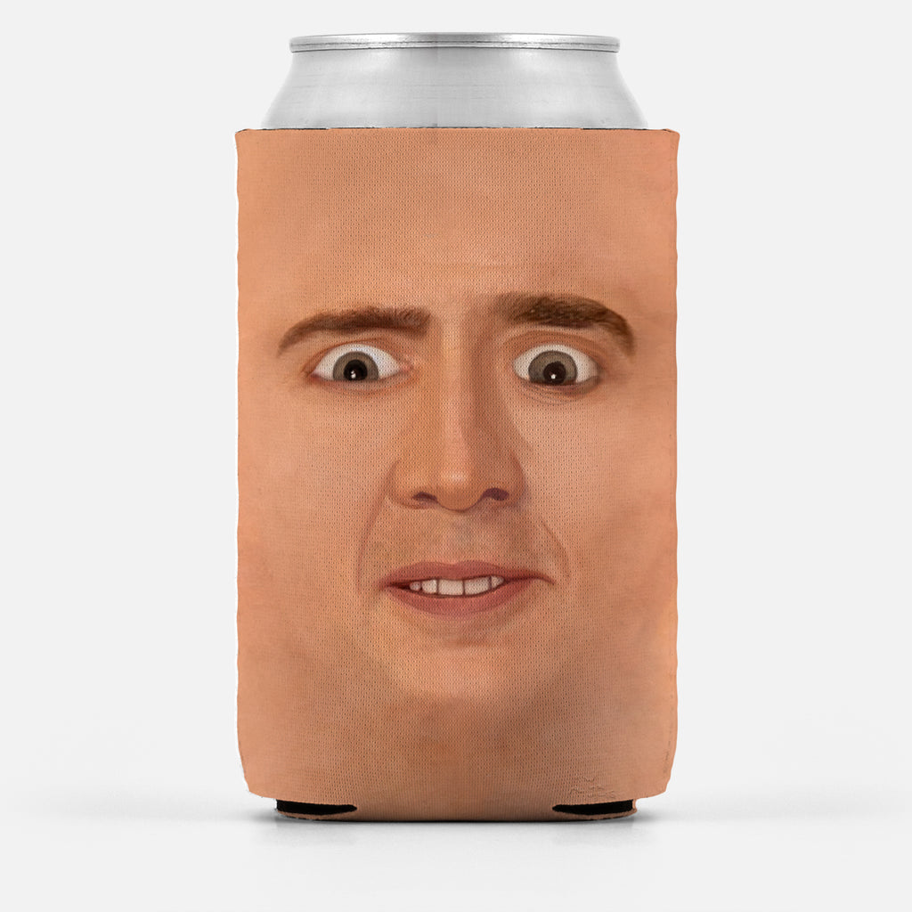 Creepy Cage Face Insulator Sleeve, Funny Weird Meme Can Cooler Wrap-High quality, reusable neoprene beverage insulator sleeve. Fits most standards 12 and 16oz cans or bottles and keeps beverages cold. Easy to clean and foldable for easy storage. Funny Creepy Cage Face weird face off nic meme image. Great gift or drink marker for parties. -