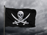 Calico Jack Pirate Jolly Roger Flag, Jack Rackham Skull Crossed Swords-High quality, professionally printed polyester banner pole flag. Single or double sided with grommets or pole pocket. 3x2 / 2x3 ft, 3x5 / 5x3 ft or custom size. Fully customizable on request. Jack Rackham Calico Jack Pirate Jolly Roger Skull and crossbones sword cutlass symbol flag. Boat, ship, cosplay prop replica.-