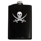 Calico Jack Pirate Jolly Roger Flask-Classic Calico Jack Pirate Skull and Cutlass Jolly Roger Symbol Flask. The perfect hip flask for your grog! Engraved 8oz Top Shelf Stainless Steel Flask with easy closure screw cap lid. Measures 5.5" tall and 3.75" wide and holds eight shots. This item is fully customizable. For basic customization to the front of the flask, such as adding a name or date please send us a message [link] or include a note at checkout with the -Black-Just the Flask-725185479327
