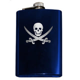 Calico Jack Pirate Jolly Roger Flask-Classic Calico Jack Pirate Skull and Cutlass Jolly Roger Symbol Flask. The perfect hip flask for your grog! Engraved 8oz Top Shelf Stainless Steel Flask with easy closure screw cap lid. Measures 5.5" tall and 3.75" wide and holds eight shots. This item is fully customizable. For basic customization to the front of the flask, such as adding a name or date please send us a message [link] or include a note at checkout with the -Blue-Just the Flask-725185479327