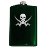 Calico Jack Pirate Jolly Roger Flask-Classic Calico Jack Pirate Skull and Cutlass Jolly Roger Symbol Flask. The perfect hip flask for your grog! Engraved 8oz Top Shelf Stainless Steel Flask with easy closure screw cap lid. Measures 5.5" tall and 3.75" wide and holds eight shots. This item is fully customizable. For basic customization to the front of the flask, such as adding a name or date please send us a message [link] or include a note at checkout with the -Green-Just the Flask-725185479327
