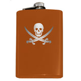 Calico Jack Pirate Jolly Roger Flask-Classic Calico Jack Pirate Skull and Cutlass Jolly Roger Symbol Flask. The perfect hip flask for your grog! Engraved 8oz Top Shelf Stainless Steel Flask with easy closure screw cap lid. Measures 5.5" tall and 3.75" wide and holds eight shots. This item is fully customizable. For basic customization to the front of the flask, such as adding a name or date please send us a message [link] or include a note at checkout with the -Orange-Just the Flask-725185479327