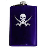 Calico Jack Pirate Jolly Roger Flask-Classic Calico Jack Pirate Skull and Cutlass Jolly Roger Symbol Flask. The perfect hip flask for your grog! Engraved 8oz Top Shelf Stainless Steel Flask with easy closure screw cap lid. Measures 5.5" tall and 3.75" wide and holds eight shots. This item is fully customizable. For basic customization to the front of the flask, such as adding a name or date please send us a message [link] or include a note at checkout with the -Purple-Just the Flask-725185479327