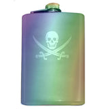 Calico Jack Pirate Jolly Roger Flask-Classic Calico Jack Pirate Skull and Cutlass Jolly Roger Symbol Flask. The perfect hip flask for your grog! Engraved 8oz Top Shelf Stainless Steel Flask with easy closure screw cap lid. Measures 5.5" tall and 3.75" wide and holds eight shots. This item is fully customizable. For basic customization to the front of the flask, such as adding a name or date please send us a message [link] or include a note at checkout with the -Rainbow Finish-Just the Flask-725185479327