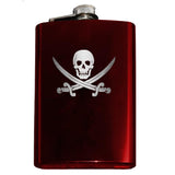 Calico Jack Pirate Jolly Roger Flask-Classic Calico Jack Pirate Skull and Cutlass Jolly Roger Symbol Flask. The perfect hip flask for your grog! Engraved 8oz Top Shelf Stainless Steel Flask with easy closure screw cap lid. Measures 5.5" tall and 3.75" wide and holds eight shots. This item is fully customizable. For basic customization to the front of the flask, such as adding a name or date please send us a message [link] or include a note at checkout with the -Red-Just the Flask-725185479327