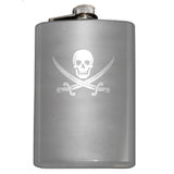 Calico Jack Pirate Jolly Roger Flask-Classic Calico Jack Pirate Skull and Cutlass Jolly Roger Symbol Flask. The perfect hip flask for your grog! Engraved 8oz Top Shelf Stainless Steel Flask with easy closure screw cap lid. Measures 5.5" tall and 3.75" wide and holds eight shots. This item is fully customizable. For basic customization to the front of the flask, such as adding a name or date please send us a message [link] or include a note at checkout with the -