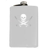 Calico Jack Pirate Jolly Roger Flask-Classic Calico Jack Pirate Skull and Cutlass Jolly Roger Symbol Flask. The perfect hip flask for your grog! Engraved 8oz Top Shelf Stainless Steel Flask with easy closure screw cap lid. Measures 5.5" tall and 3.75" wide and holds eight shots. This item is fully customizable. For basic customization to the front of the flask, such as adding a name or date please send us a message [link] or include a note at checkout with the -White-Just the Flask-725185479327