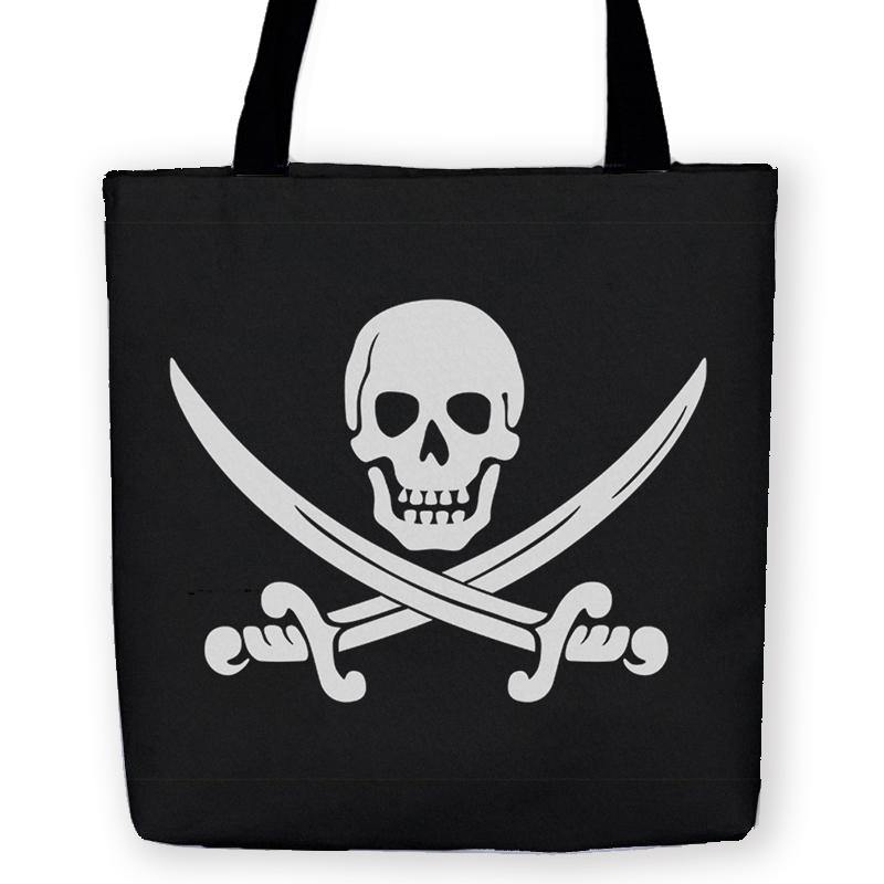 Calico Jack Pirate Jolly Roger Tote Bag-High quality, reusable woven polyester fabric carryall tote with classic Calico Jack skull and crossed cutlass pirate jolly roger design on both sides. Durable and machine washable. This item is made-to-order and typically ships in 3-5 Business Days.-13 inches-Not Applicable