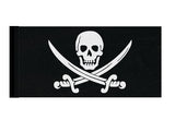 Calico Jack Pirate Jolly Roger Flag, Jack Rackham Skull Crossed Swords-High quality, professionally printed polyester banner pole flag. Single or double sided with grommets or pole pocket. 3x2 / 2x3 ft, 3x5 / 5x3 ft or custom size. Fully customizable on request. Jack Rackham Calico Jack Pirate Jolly Roger Skull and crossbones sword cutlass symbol flag. Boat, ship, cosplay prop replica.-2 ft x 1 ft-Standard-Sleeve (black)-