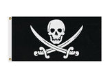 Calico Jack Pirate Jolly Roger Flag, Jack Rackham Skull Crossed Swords-High quality, professionally printed polyester banner pole flag. Single or double sided with grommets or pole pocket. 3x2 / 2x3 ft, 3x5 / 5x3 ft or custom size. Fully customizable on request. Jack Rackham Calico Jack Pirate Jolly Roger Skull and crossbones sword cutlass symbol flag. Boat, ship, cosplay prop replica.-2 ft x 1 ft-Standard-Grommets-